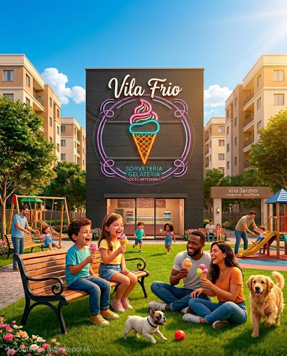 Famílias tomando sorvete na pracinha do Condomínio Vila Jardim